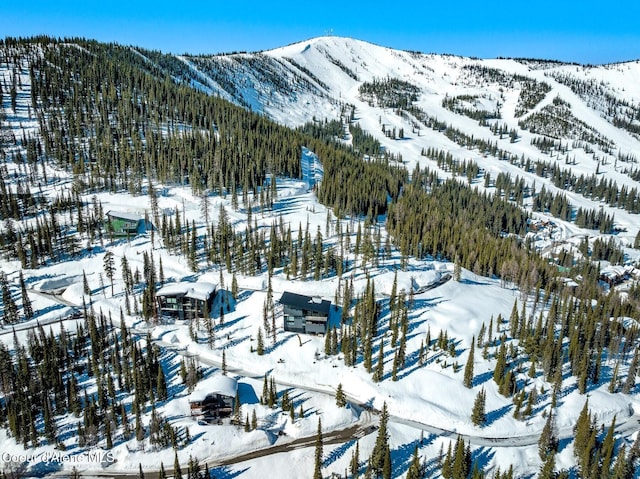 snowy aerial view with a mountain view