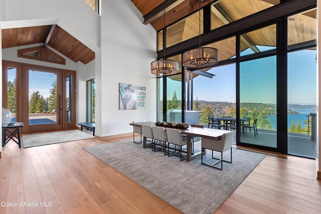 dining room featuring a water view, wood finished floors, wood ceiling, and a notable chandelier