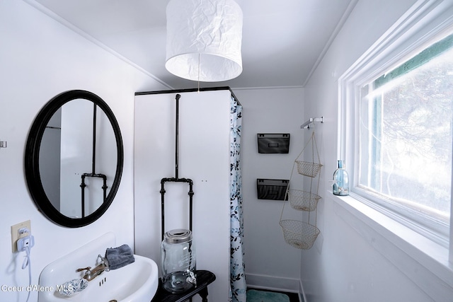 315 Montana St, Mullan, ID 83846 - full bath featuring a wealth of natural light, a sink, crown molding, and a shower with curtain