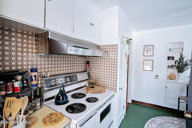 315 Montana St, Mullan, ID 83846 - kitchen featuring electric stove, light countertops, decorative backsplash, white cabinets, and under cabinet range hood