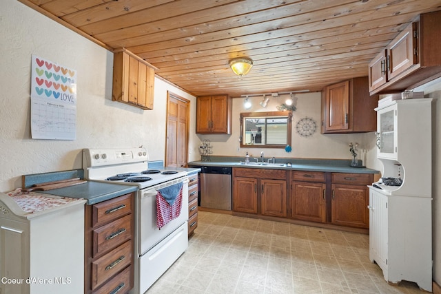 kitchen with wooden ceiling, a sink, stainless steel dishwasher, brown cabinetry, and white range with electric cooktop