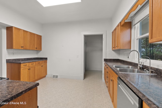 kitchen with dark countertops, a sink, visible vents, and stainless steel dishwasher