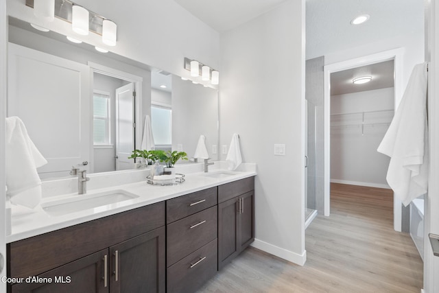 bathroom with double vanity, a sink, baseboards, and wood finished floors