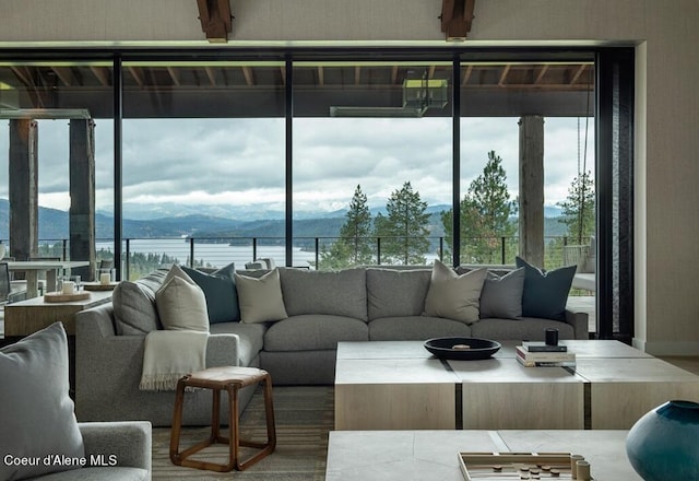 living area with a wealth of natural light and a water and mountain view