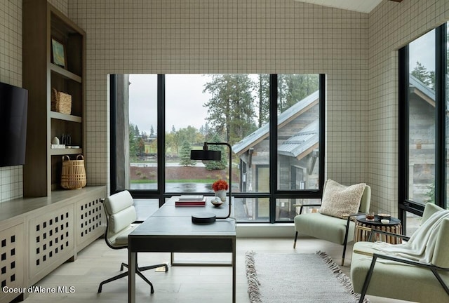 office space with lofted ceiling, a healthy amount of sunlight, and light wood finished floors