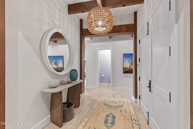 6895 S Gozzer Rd Unit A201, Harrison, ID 83833 - entrance foyer with beamed ceiling, a chandelier, baseboards, and light wood-style flooring