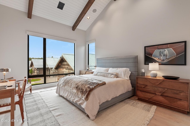 6895 S Gozzer Rd Unit A201, Harrison, ID 83833 - bedroom featuring light wood finished floors, wood ceiling with exposed beams, high vaulted ceiling, and access to exterior