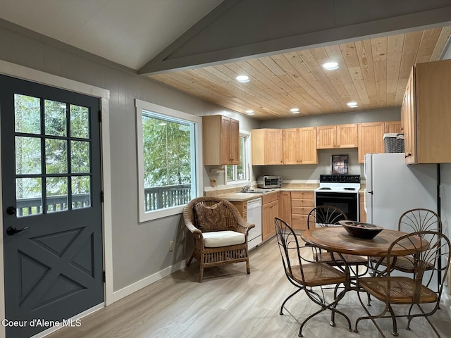 kitchen featuring dishwasher, wooden ceiling, light countertops, light wood-type flooring, and range with electric stovetop