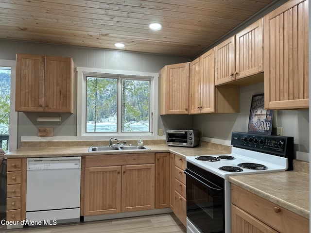 kitchen with electric range oven, a toaster, a sink, wood ceiling, and dishwasher