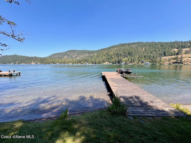 dock area with a water view and a wooded view