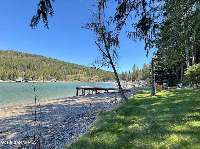 view of home's community featuring a water view, a lawn, and a wooded view