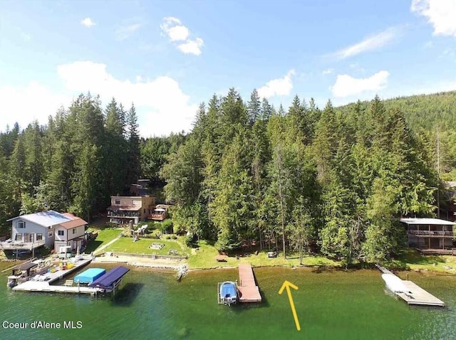 birds eye view of property featuring a water view and a view of trees