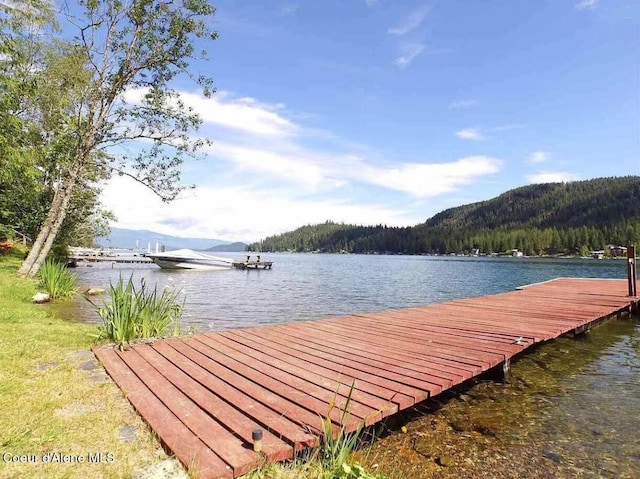 view of dock with a water and mountain view