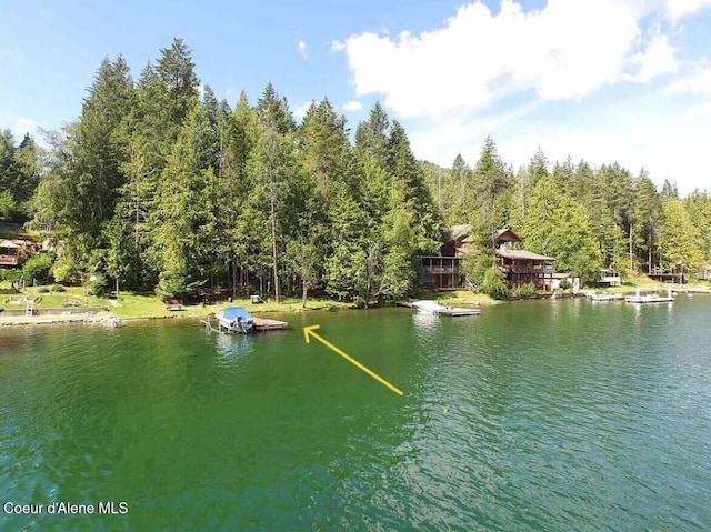 view of water feature with a dock and a wooded view