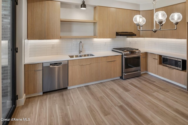 kitchen featuring exhaust hood, stainless steel appliances, a sink, and light countertops