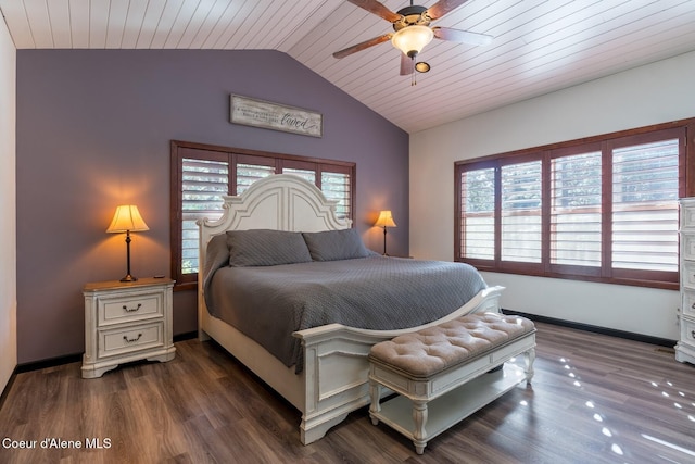 bedroom featuring baseboards, a ceiling fan, wood ceiling, wood finished floors, and vaulted ceiling