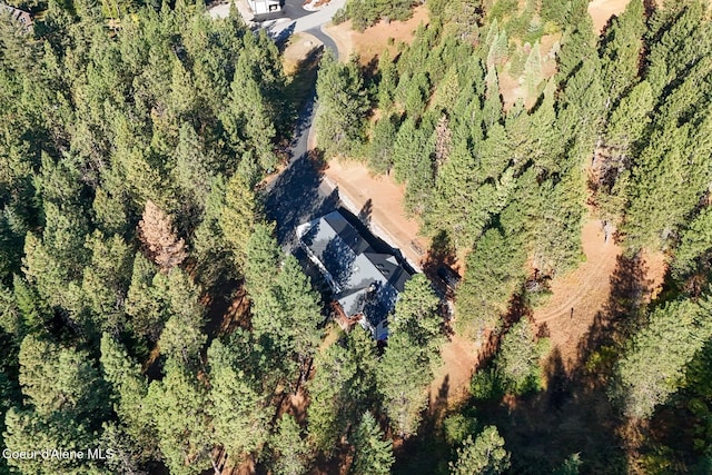 aerial view featuring a wooded view