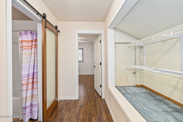 walk in closet featuring a barn door and wood finished floors