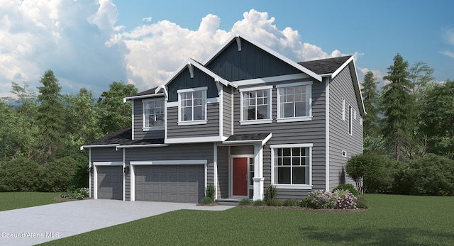 view of front facade featuring board and batten siding, a front yard, concrete driveway, and a garage