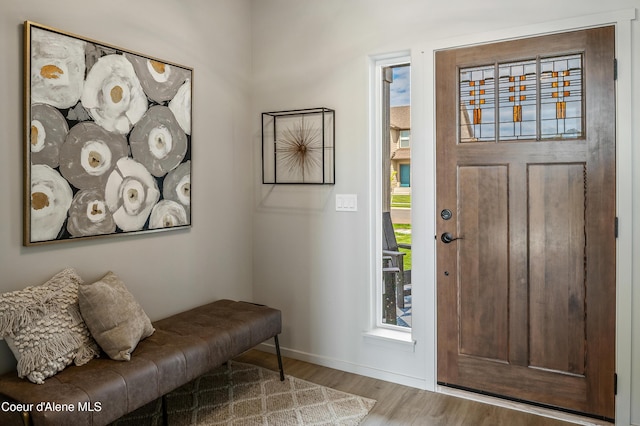 entryway with baseboards and wood finished floors