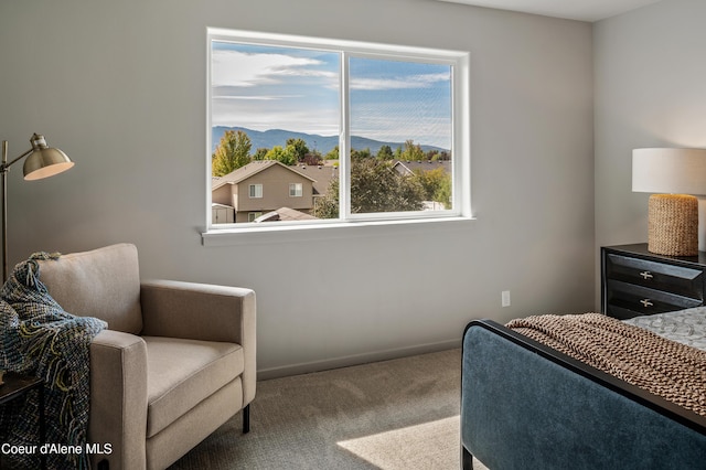 bedroom featuring carpet, a mountain view, and baseboards