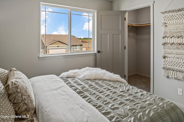 bedroom featuring carpet, a closet, a spacious closet, and baseboards