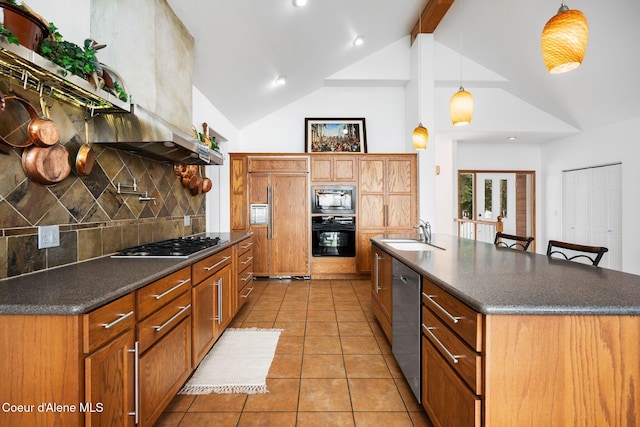 kitchen with backsplash, a sink, black appliances, beam ceiling, and light tile patterned flooring