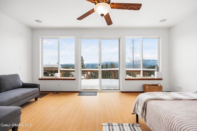 bedroom featuring light wood finished floors, multiple windows, and baseboards