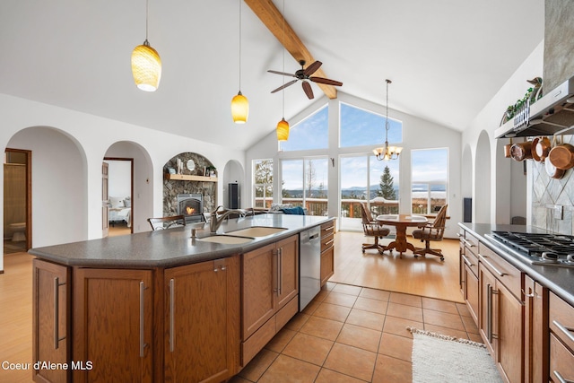 kitchen with dark countertops, appliances with stainless steel finishes, a sink, and exhaust hood