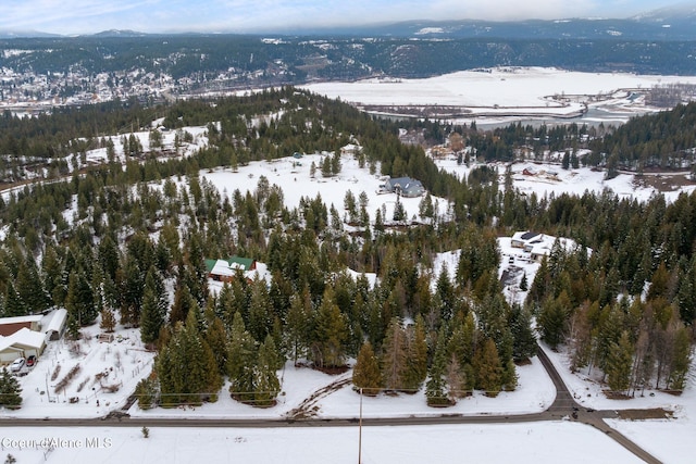 snowy aerial view featuring a mountain view