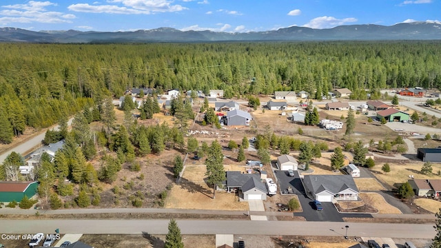 drone / aerial view with a mountain view and a view of trees