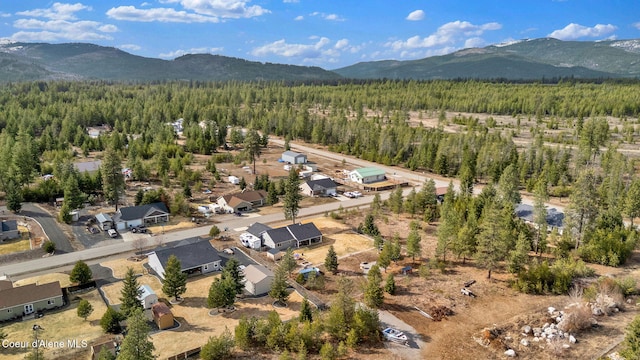 drone / aerial view with a forest view and a mountain view