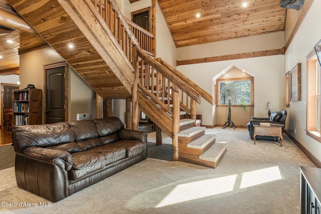 living area featuring carpet, recessed lighting, stairway, wood ceiling, and high vaulted ceiling