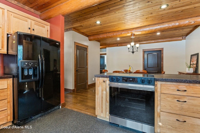 kitchen with electric stove, dark countertops, black fridge with ice dispenser, light brown cabinets, and beamed ceiling