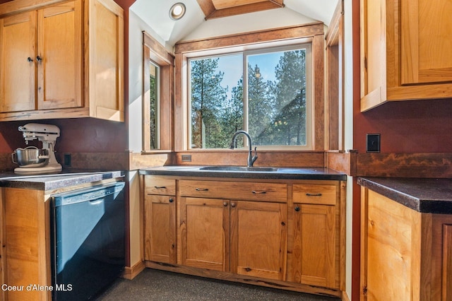 kitchen featuring brown cabinetry, lofted ceiling, dishwashing machine, dark countertops, and a sink