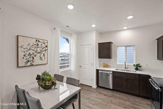 kitchen with stainless steel appliances, dark brown cabinets, a sink, and a healthy amount of sunlight