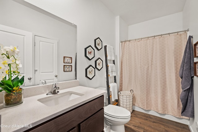 bathroom featuring toilet, wood finished floors, and vanity