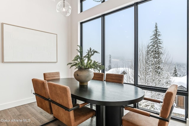 dining space featuring wood finished floors and baseboards