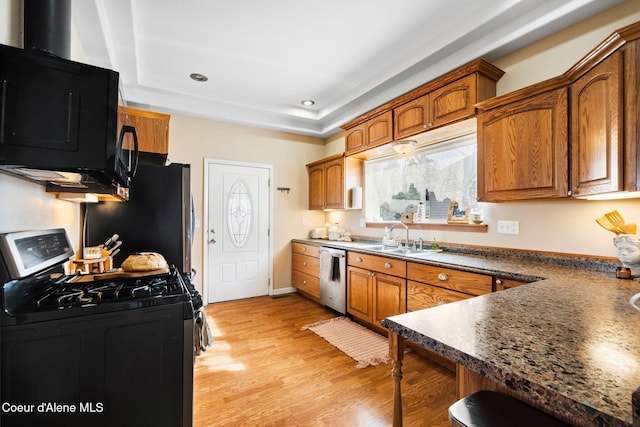 kitchen featuring brown cabinets, appliances with stainless steel finishes, a raised ceiling, and a sink