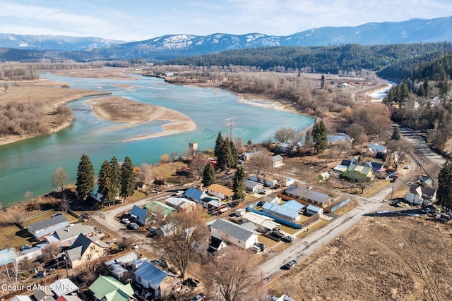 aerial view featuring a forest view and a water and mountain view