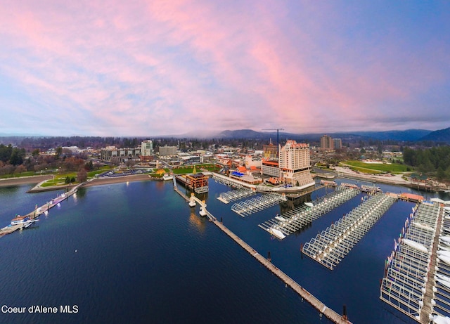 bird's eye view featuring a water view and a city view