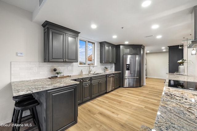 kitchen with stainless steel appliances, a sink, decorative backsplash, and light wood finished floors