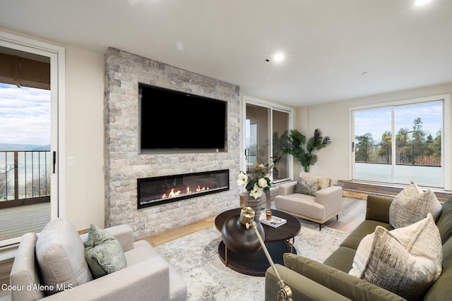 living area with a fireplace and wood finished floors