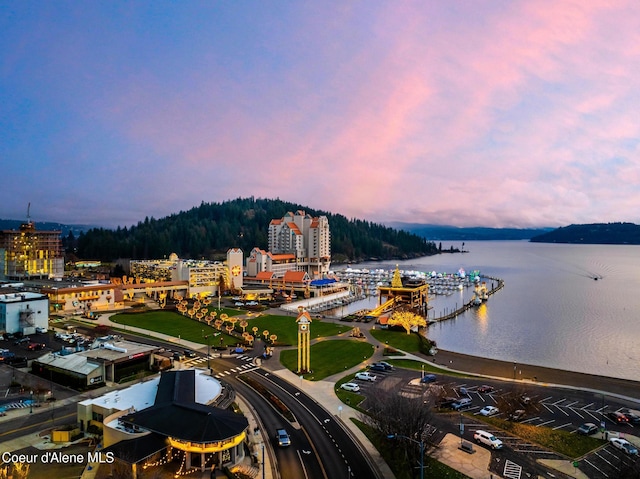 drone / aerial view featuring a water view