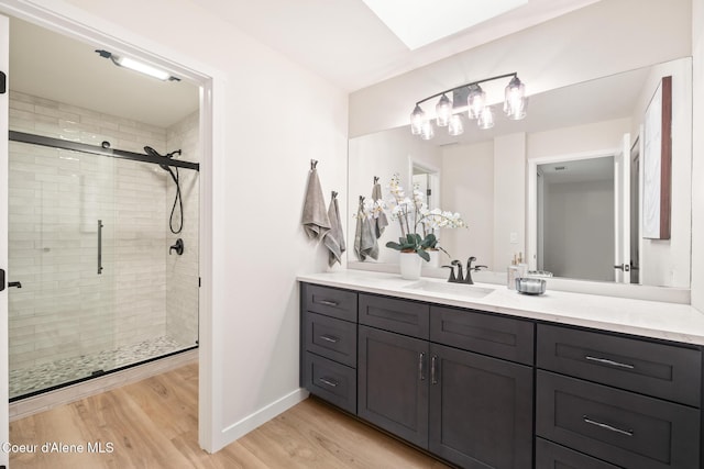 301 N 1st St # 930, Coeur Dalene, ID 83814 - bathroom featuring vanity, baseboards, a shower stall, and wood finished floors