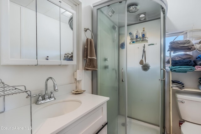 full bathroom featuring a shower stall, toilet, and vanity