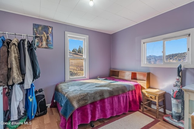 bedroom featuring ornamental molding, wood finished floors, and baseboards