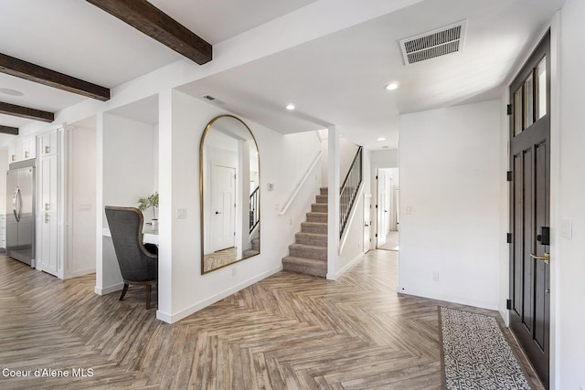 1853 W Felton Dr, Coeur Dalene, ID 83814 - entrance foyer with baseboards, visible vents, stairs, beam ceiling, and recessed lighting