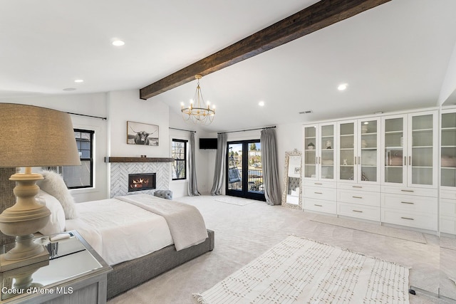 1853 W Felton Dr, Coeur Dalene, ID 83814 - bedroom featuring light carpet, a tiled fireplace, vaulted ceiling with beams, access to outside, and recessed lighting