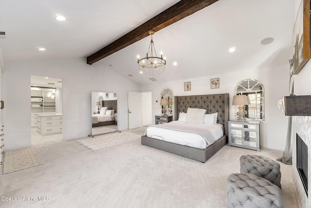 1853 W Felton Dr, Coeur Dalene, ID 83814 - bedroom featuring vaulted ceiling with beams, a fireplace, a notable chandelier, recessed lighting, and light colored carpet